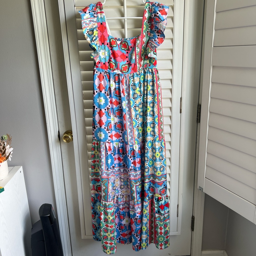Jade by Melody Tam colorful maxi dress with ruffle sleeves